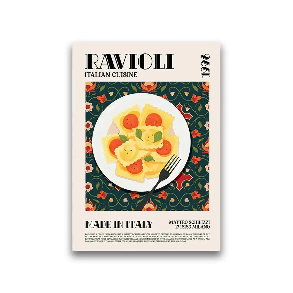 Decorbites™ gourmet world cuisine canvas wall art featuring yellow ravioli with tomato and basil on dark green background