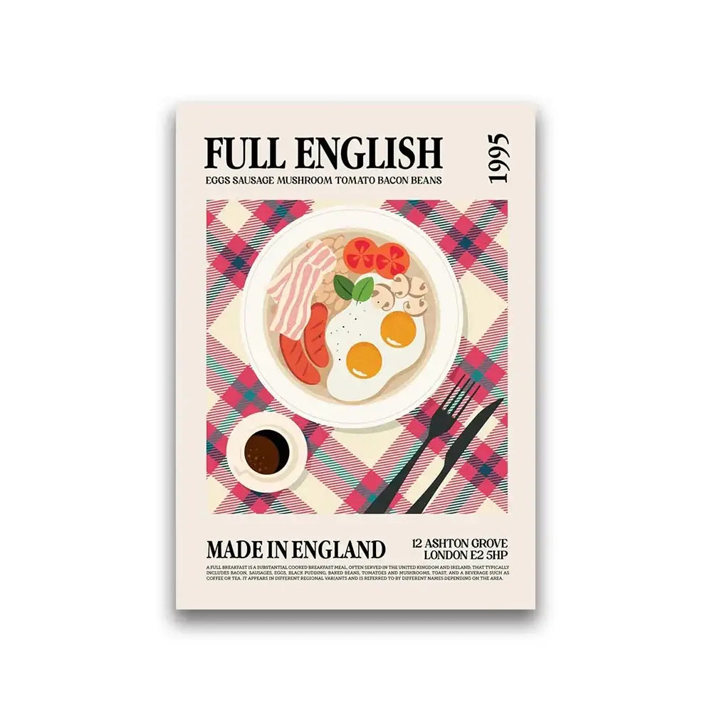 DecorBites™ gourmet world cuisine canvas wall art of a vintage full english breakfast on plaid tablecloth