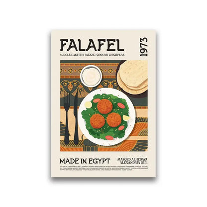 Decorbites™ gourmet world cuisine canvas wall art featuring vintage falafel plate with lettuce tomatoes and sesame seeds