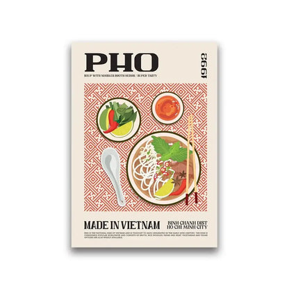 DecorBites™ gourmet world cuisine canvas wall art featuring vintage pho bowl illustration with herbs and lime slices