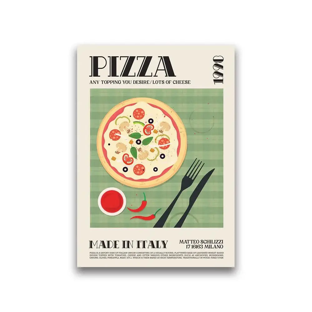 Vintage-style decorbites™ gourmet world cuisine canvas wall art featuring vibrant pizza illustration on green stripes