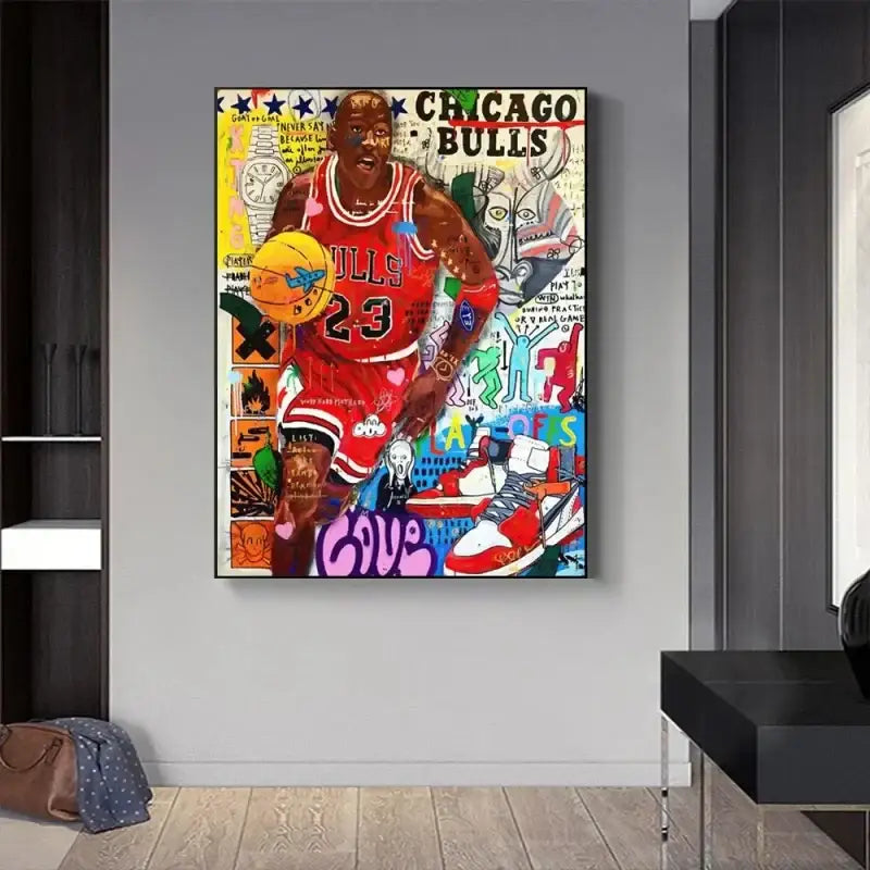 Decorbites graffiti basketball celebrities wall art print featuring vibrant michael jordan in red bulls jersey with sneakers
