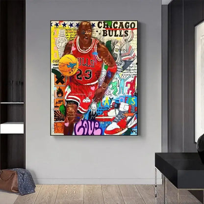 Decorbites graffiti basketball celebrities wall art print featuring vibrant michael jordan in red bulls jersey with sneakers