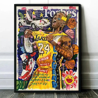 Vibrant graffiti basketball celebrities wall art print featuring stylized kobe bryant in lakers jersey number 24