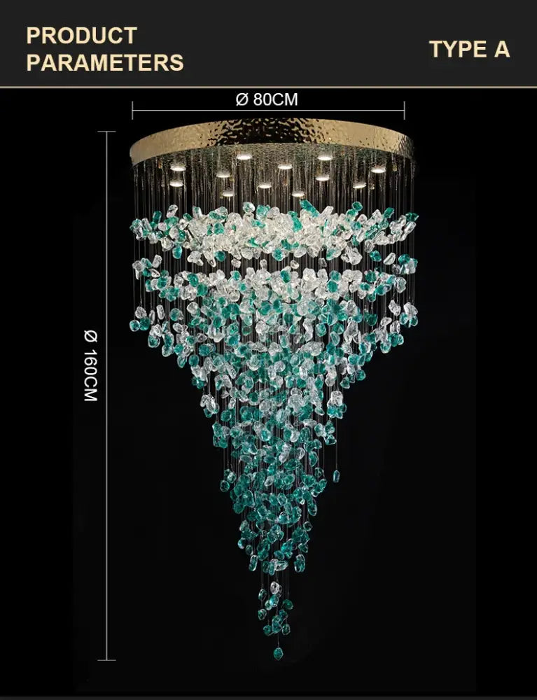 Decorbites™ green crystal stone chandelier with gold-toned hammered metal top and cascading clear and teal-green crystals
