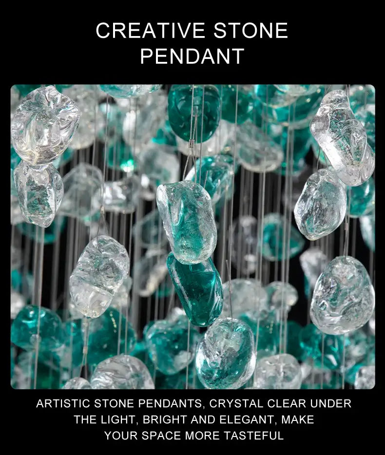 DecorBites™ green crystal stone chandelier with teal and clear crystal stone pendants on fine wires for modern spaces