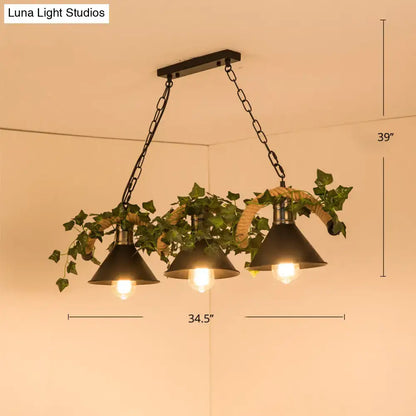 Decorbites green faux plant farmhouse island light with black barrel flared metal shades and decorative ivy accents