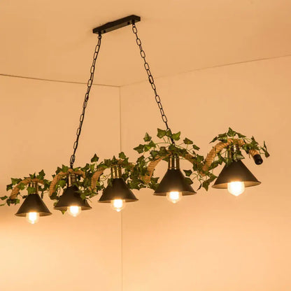 DecorBites Green faux plant farmhouse island light with black metal barrel flared pendant shades and woven rope accents