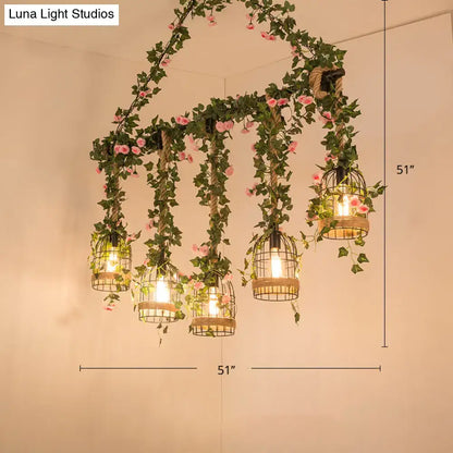 DecorBites green faux plant farmhouse island light with five dark metal birdcage lights and barrel flared woven rope bases