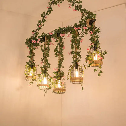 Decorbites™ green faux plant farmhouse pendant island light with barrel flared metallic shade and rattan birdcage lamps
