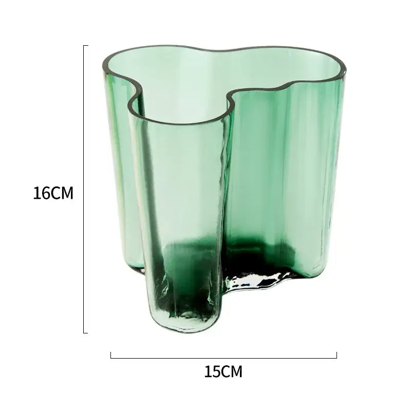 DecorBites™ green glass vase with translucent organic three-lobed shape and smooth flowing contours for modern decor