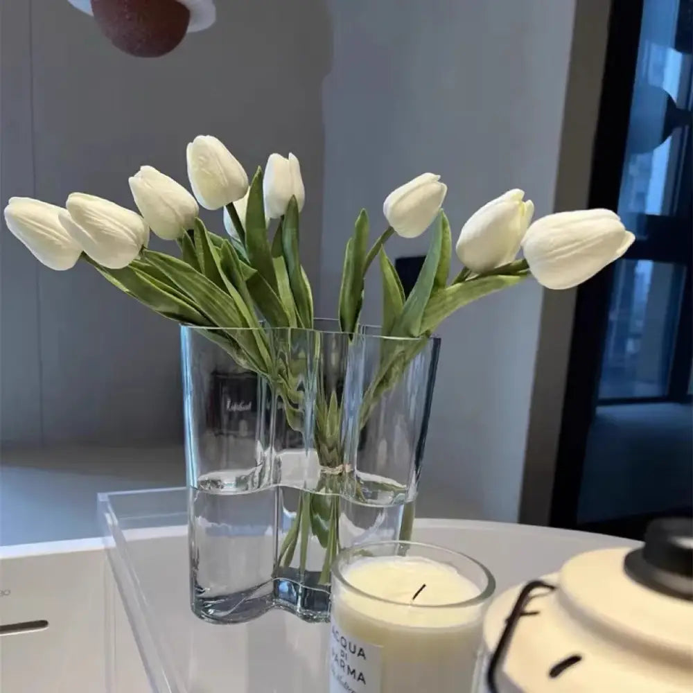 Decorbites™ green glass vase with unique geometric design holds white tulips for modern decor use