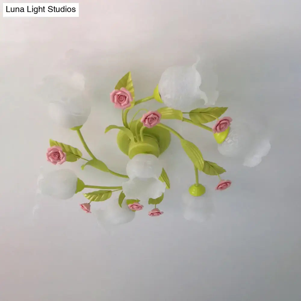 Decorbites™ green opaque glass spiral bedroom ceiling light fixture with pastel pink and lime green floral design and frosted bulbs