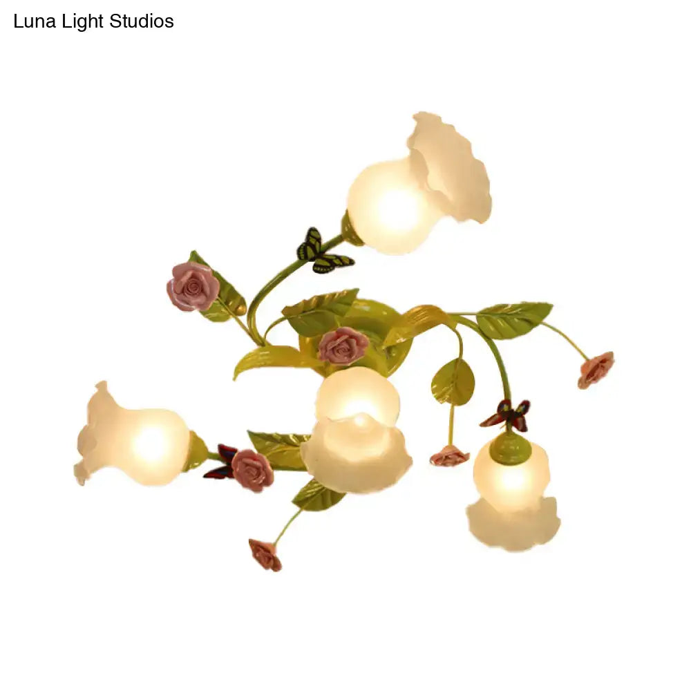 DecorBites™ green opaque glass spiral ceiling light fixture with illuminated pink floral chandelier design for bedroom
