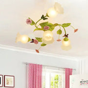Decorbites green opaque glass spiral semi-flush mount ceiling light fixture with pink floral and butterfly accents