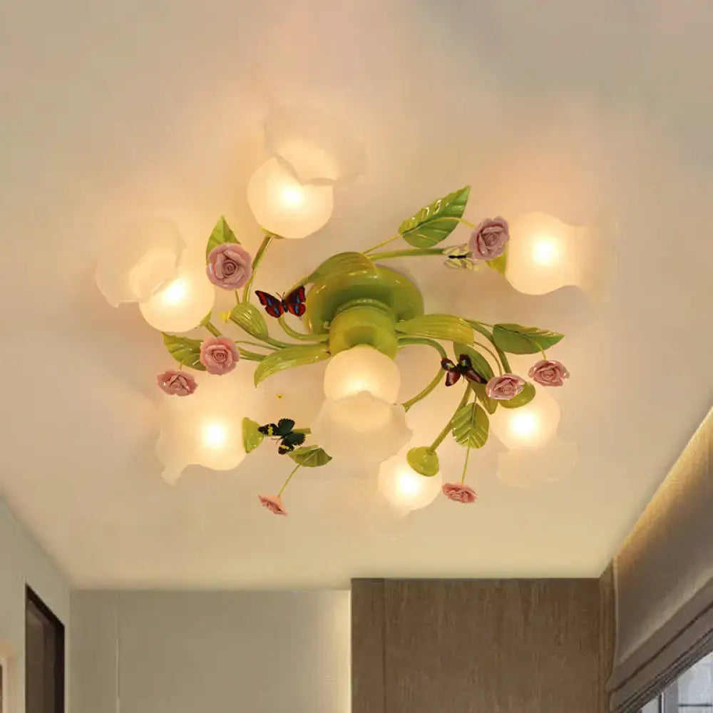 DecorBites™ green opaque glass spiral ceiling light fixture with pink floral rose blossoms and butterfly accents