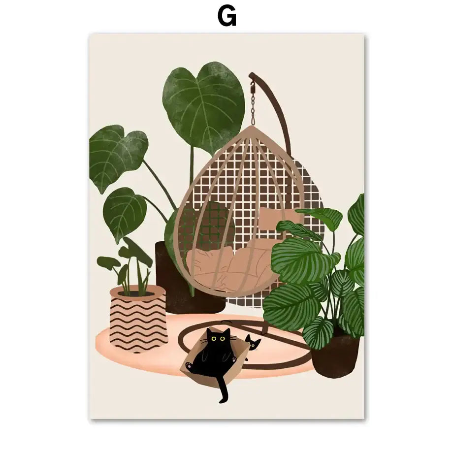 Beige woven hanging egg chair with cushioned seat suspended by dark brown metal frame beside green plants black cat canvas wall art