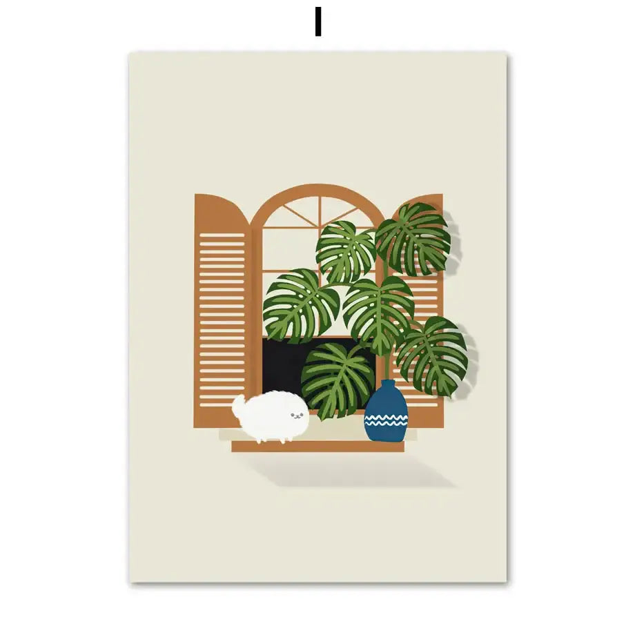 Decorbites™ green plants black cat canvas wall art featuring window with wooden shutters lush monstera leaves and white cat
