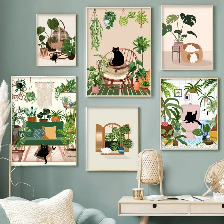 Set of six framed botanical illustrations by DecorBites featuring black cat and green plants in cozy interior scenes