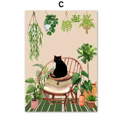 Decorbites™ green plants black cat canvas wall art featuring a black cat on a woven wooden chair with textured cushion