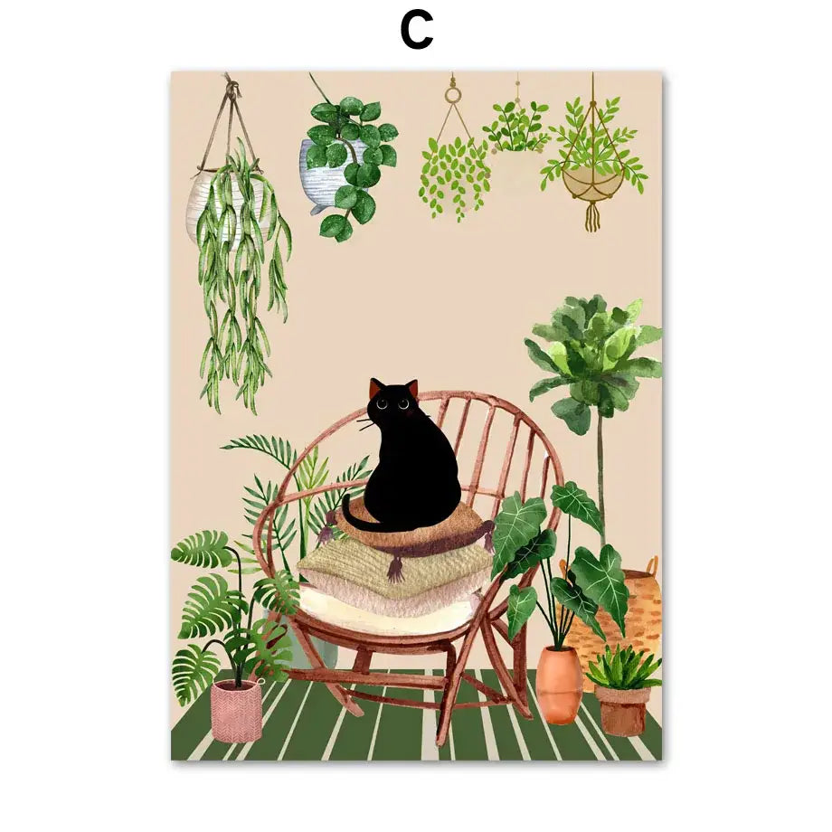 Decorbites™ green plants black cat canvas wall art featuring a black cat on a woven wooden chair with textured cushion