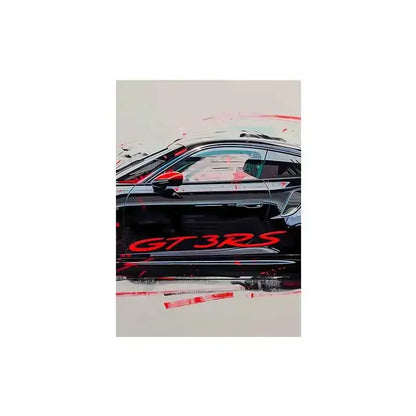 DecorBites™ gt3 rs sports car canvas wall art featuring a black porsche with bold red lettering for gt3 rs graffiti