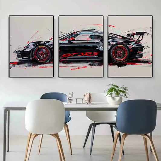 Decorbites™ gt3 rs sports car wall art featuring black porsche gt3rs with red accents and gt3 rs graffiti triptych design