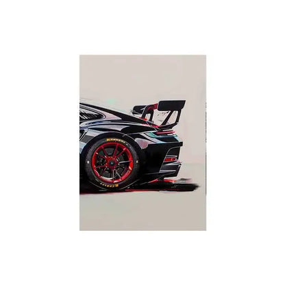 DecorBites™ gt3 rs sports car canvas wall art featuring black car with red alloy wheels and rear spoiler
