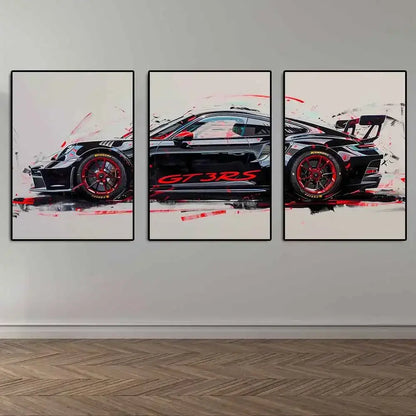 DecorBites™ gt3 rs sports car wall art triptych featuring black and red porsche gt3 rs graffiti canvas panels