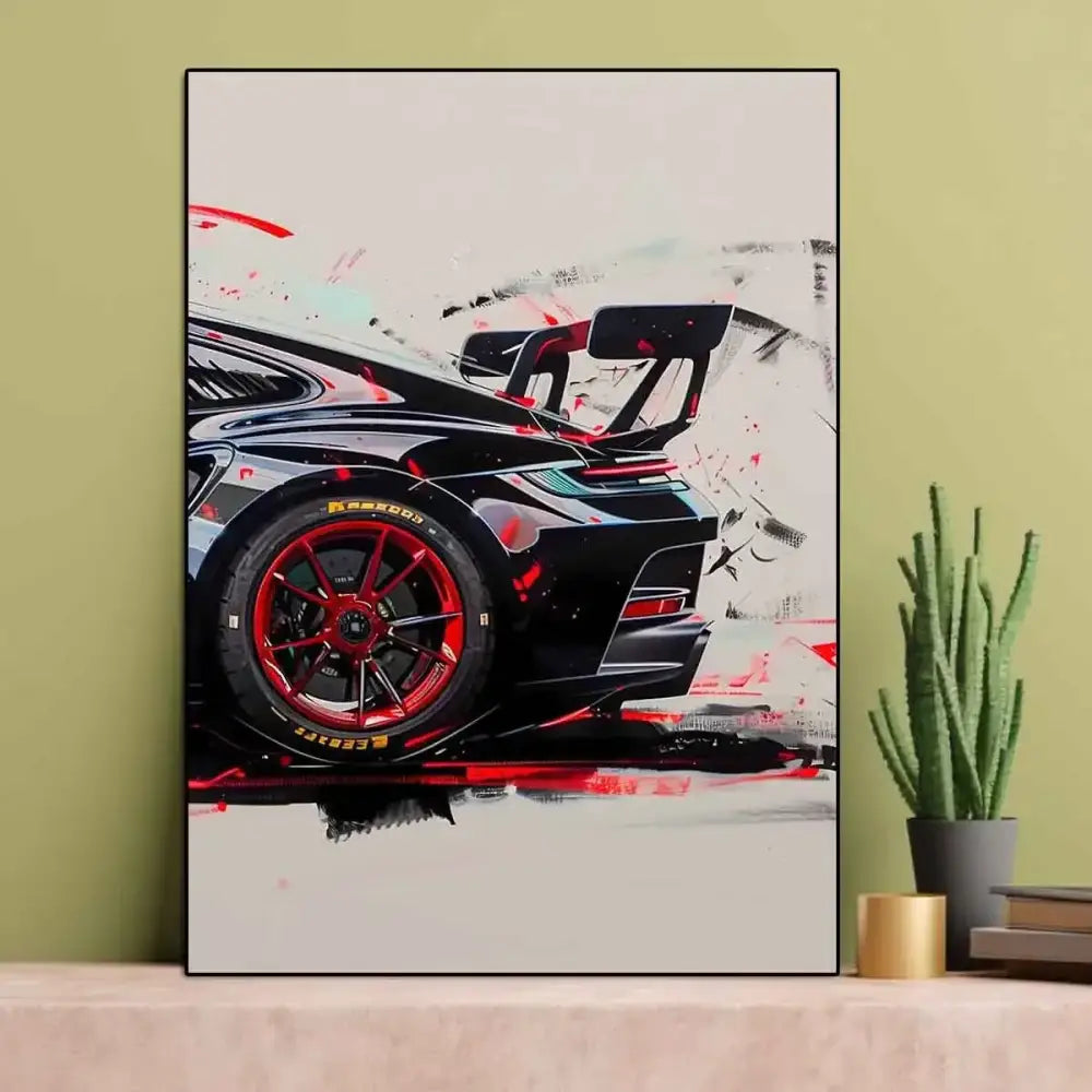 DecorBites™ GT3 RS sports car wall art canvas featuring black and red Porsche with bold gt3 rs graffiti brushstrokes
