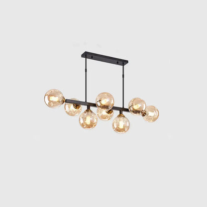 Modern black metal chandelier with seven amber hand-blown dimpled glass globe bulbs for restaurant lighting