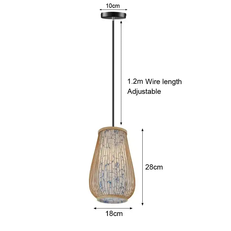 DecorBites hand-knit bamboo pendant ceiling light in beige with blue floral pattern and adjustable wire ceiling light