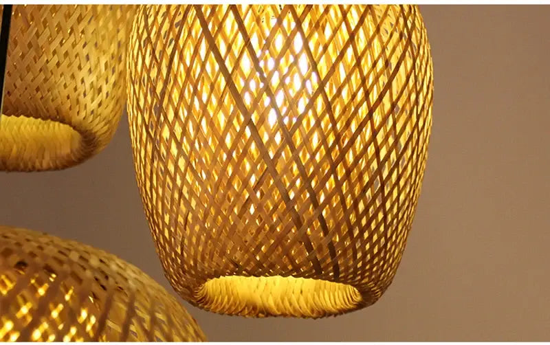 DecorBites hand-knit golden bamboo pendant ceiling light with diamond-patterned lattice design for stylish ceiling light