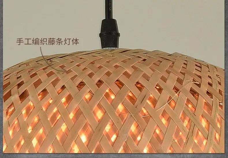 DecorBites™ hand-knit bamboo pendant ceiling light with handwoven rattan lampshade and warm golden glow filtering through lattice