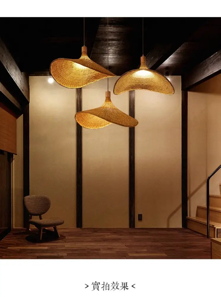 Decorbites™ hand-knit bamboo pendant ceiling light featuring three golden woven rattan ceiling lights with warm glow