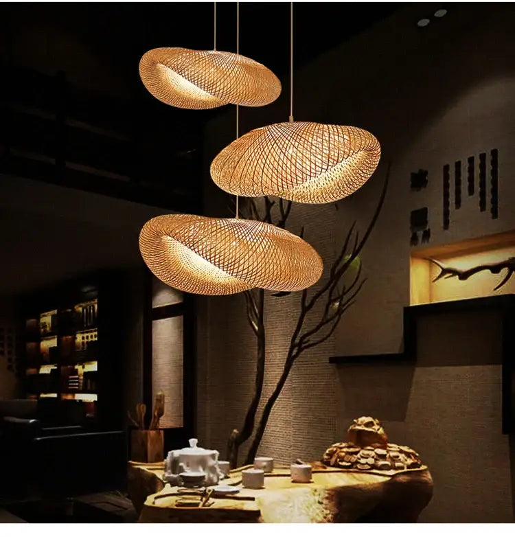 DecorBites™ hand-knit bamboo pendant ceiling light features three oval-shaped woven natural rattan lights emitting warm glow