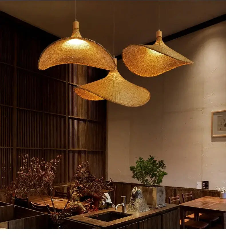 Decorbites™ hand-knit bamboo pendant ceiling light featuring three warm-toned organic ceiling lights