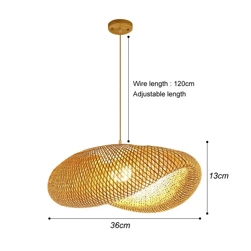 DecorBites™ hand-knit bamboo pendant ceiling light warm-toned oval natural bamboo with golden finish and adjustable wire