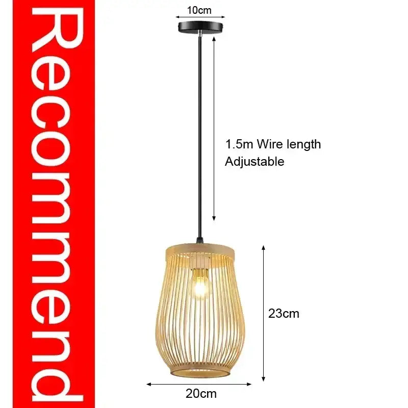 Decorbites™ hand-knit warm-toned bamboo pendant ceiling light with slender black adjustable wire and circular mount
