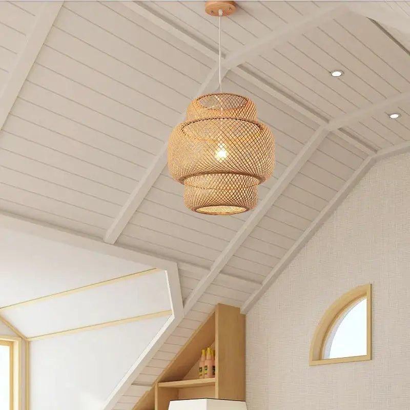 Decorbites™ hand-knit bamboo pendant ceiling light with warm-toned tiered rattan finish ceiling light hanging