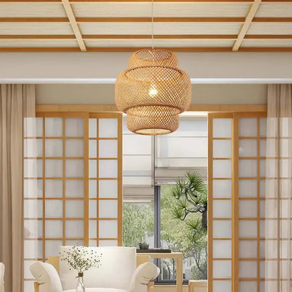 Decorbites™ hand-knit warm-toned tiered woven bamboo pendant ceiling light with natural rustic finish