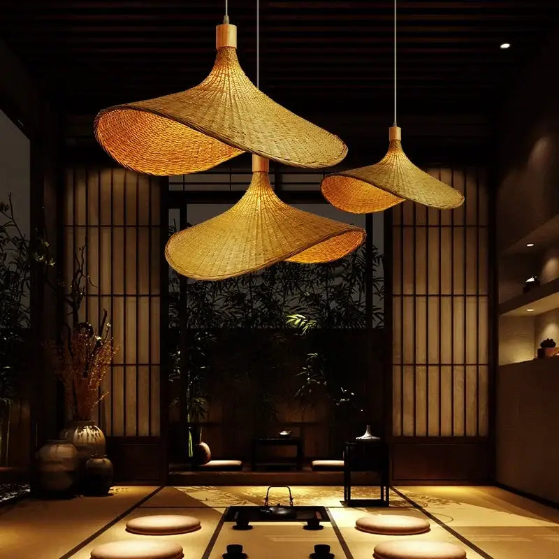 Decorbites™ hand knitted chinese style hanging bamboo lamps with handwoven golden brown wide brim pendant design