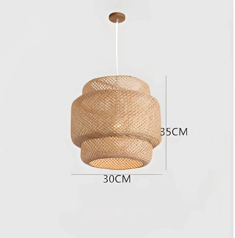 Natural woven rattan pendant light with tiered cylindrical layers and wooden ceiling mount, hand knitted chinese style decor