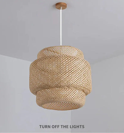 Natural woven rattan pendant light with tiered cylindrical design and wooden ceiling mount hand knitted chinese style