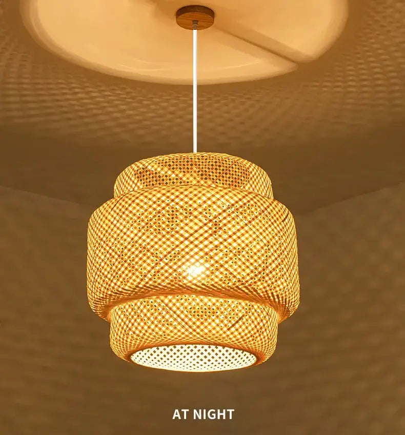 Decorbites™ hand knitted chinese style tiered pendant light in warm tones crafted from woven natural bamboo with lattice pattern