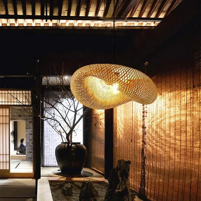 Decorbites™ hand knitted chinese style bamboo pendant light with warm tones and intricate woven lattice design