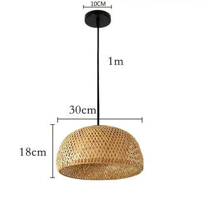 Decorbites™ hand knitted chinese style bamboo pendant light with diamond pattern natural tan finish and black cord suspension