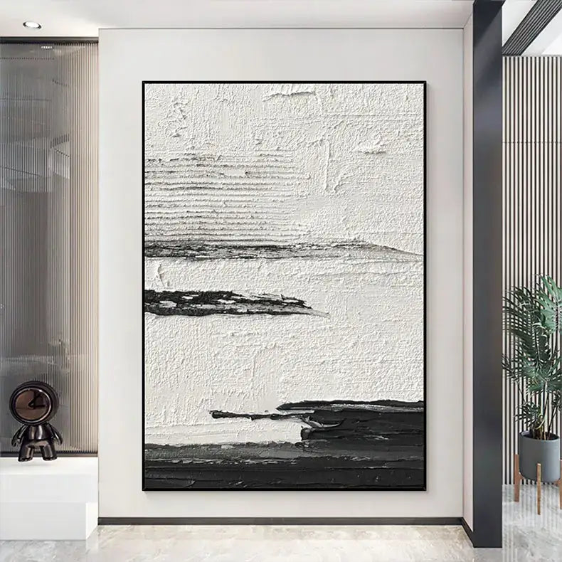 DecorBites™ hand painted oil painting with bold black brushstrokes on textured white abstract wall in sleek black frame