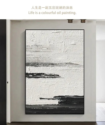 Decorbites™ hand painted black and white abstract oil painting with textured brushstrokes in minimalist frame for wall decor