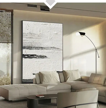 Decorbites hand painted oil painting featuring textured black and white brushstrokes in a thin dark frame